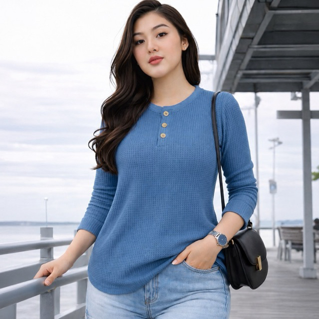 Blouse  knit Waffle polos wanita Lengan panjang / Kaos Polos Wanita Bahan Waffle /Atasan wanita kanc