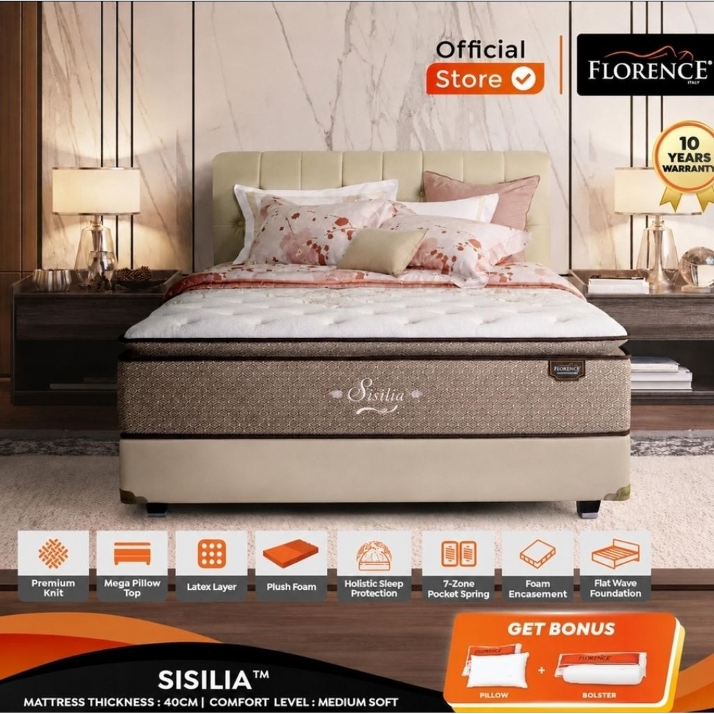 FLORENCE SISILIA (MEDIUM SOFT) KASUR SPRING BED WITH HOLISTIC SLEEP PROTRCTION SET DIVAN+HB 160X200/