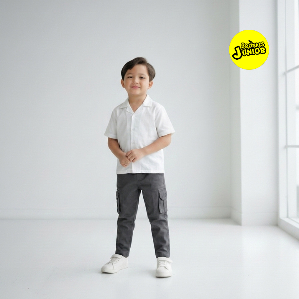 Bronkis Junior Celana Cargo Panjang Anak Laki Laki Bahan Stretch Warna Abu Tua Kids Fashion