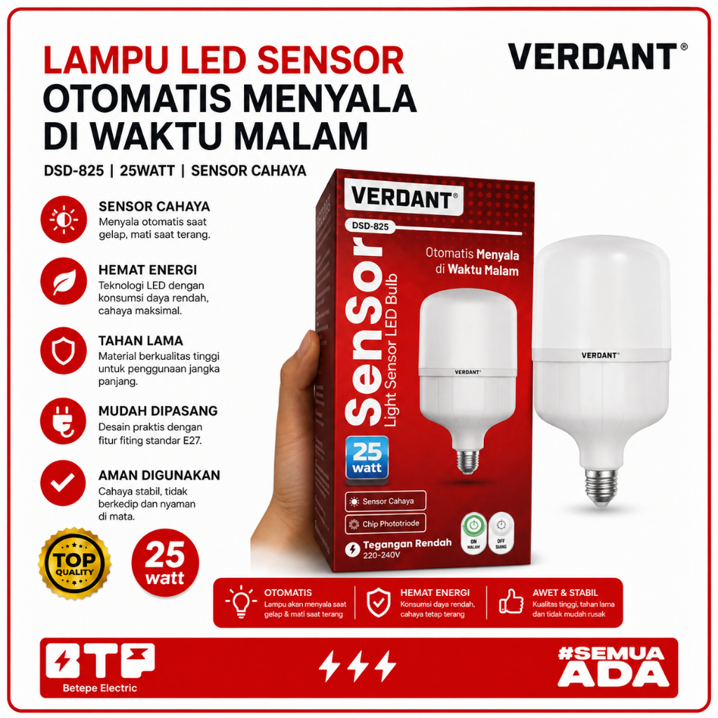 Verdant Lampu Led Sensor Cahaya Otomatis LightBulb 25W Hemat Energi
