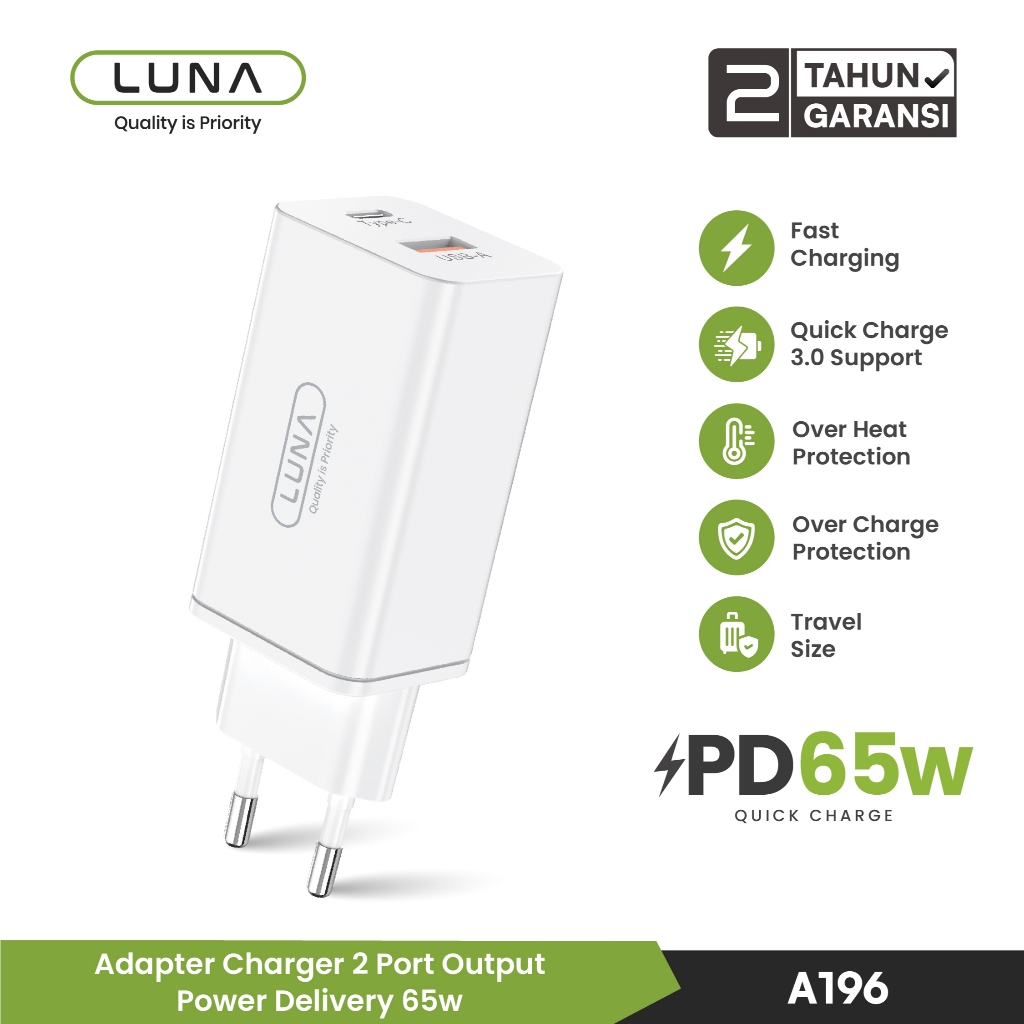 LUNA Adaptor A196 65W PD Quick Charge 3.0 Super Fast Charging Charger USB Type C Dual Port