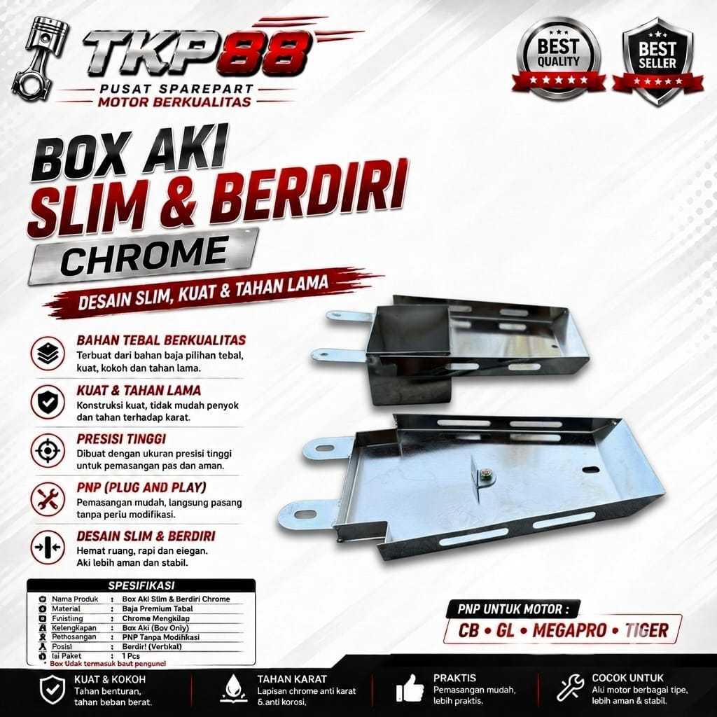 Box Dudukan Pangkon Aki Chrome Slim Berdiri Universal CB GL Megapro Tiger Kotak Aki Custom Tebal Pre
