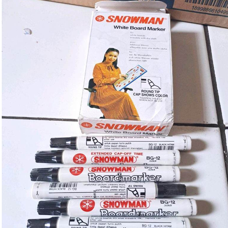 6 pcs SPIDOL SNOWMAN WHITE BOARD MARKER HITAM spidol Black papan tulis round tip Stationery original