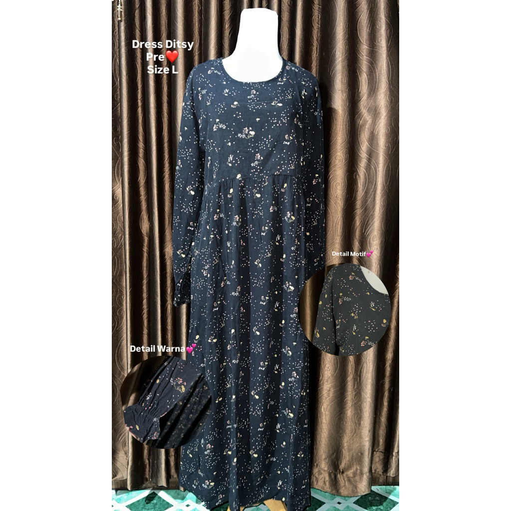 Dress Ditsy Preloved Size L Warna Charcoal