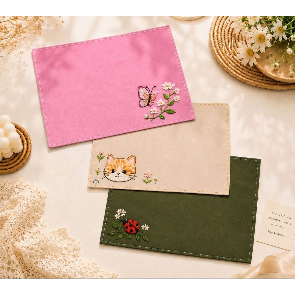 Sapu tangan sulam katun Naraya Handmade Sulam Tangan Ukuran 27 X 24 [Butterfly, Cat & Ladybug editio
