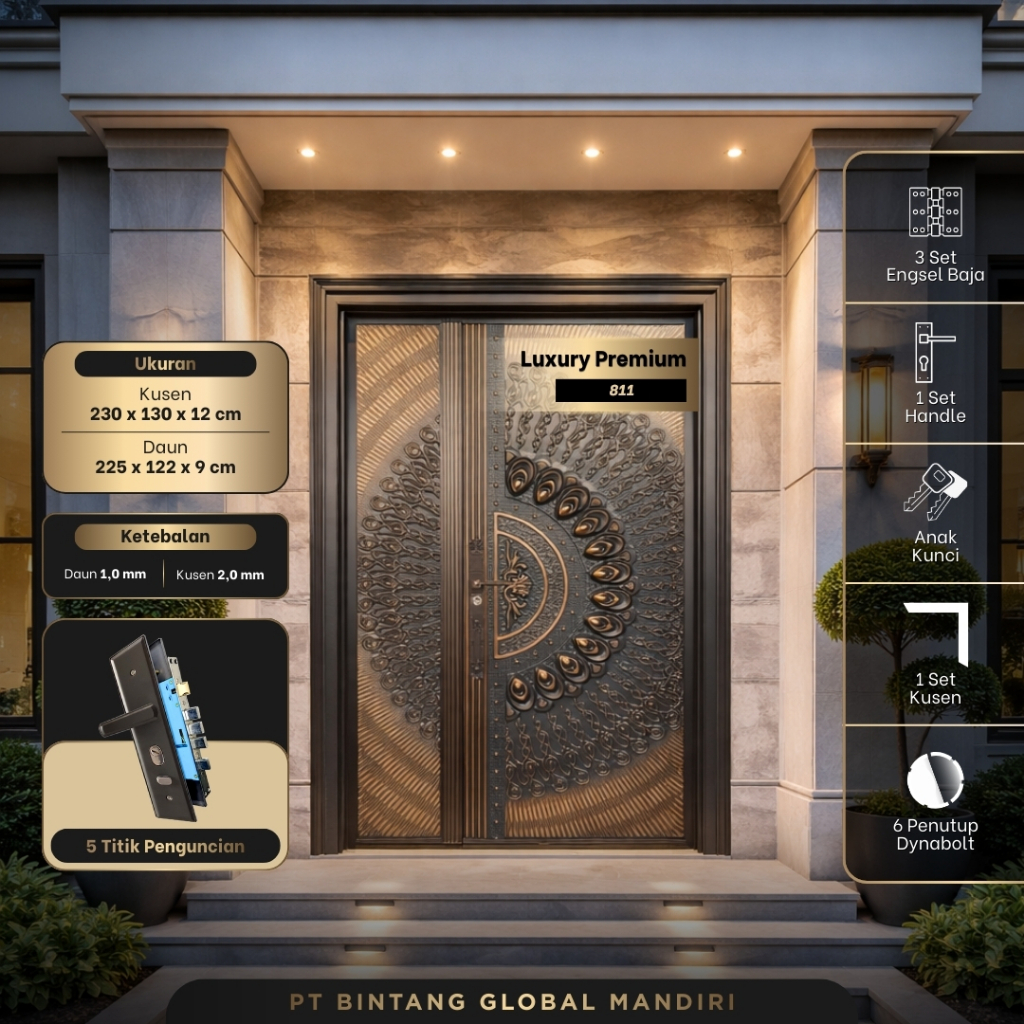 TB KONTRAKTOR MUDA - (LUXURY PREMIUM MS 130x230cm) Pintu Utama Plat Baja (MOTHER & SON) BAJA Ukuran 