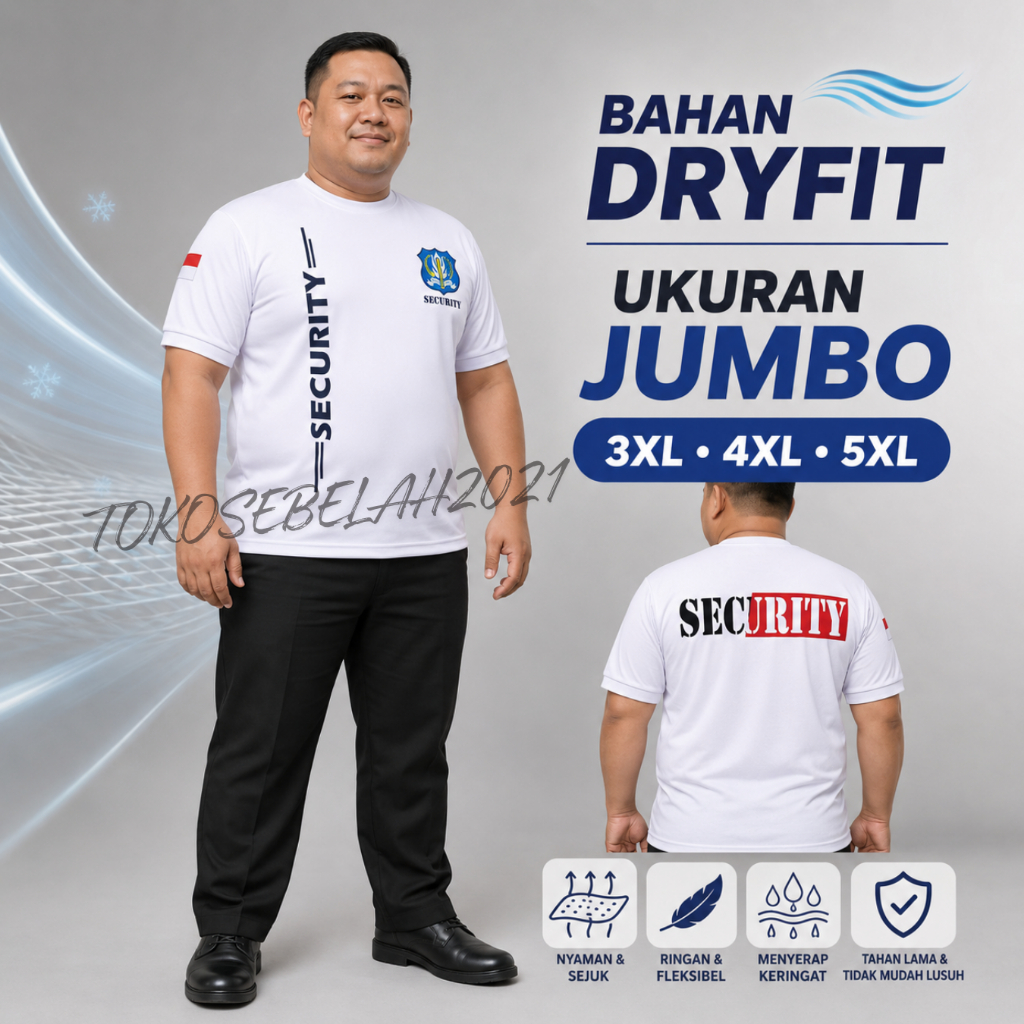 TS21 - KAOS SECURITY JUMBO BIG SIZE BAHAN JERSEY DRYFIT HITAM PUTIH MOTIF SAMPING
