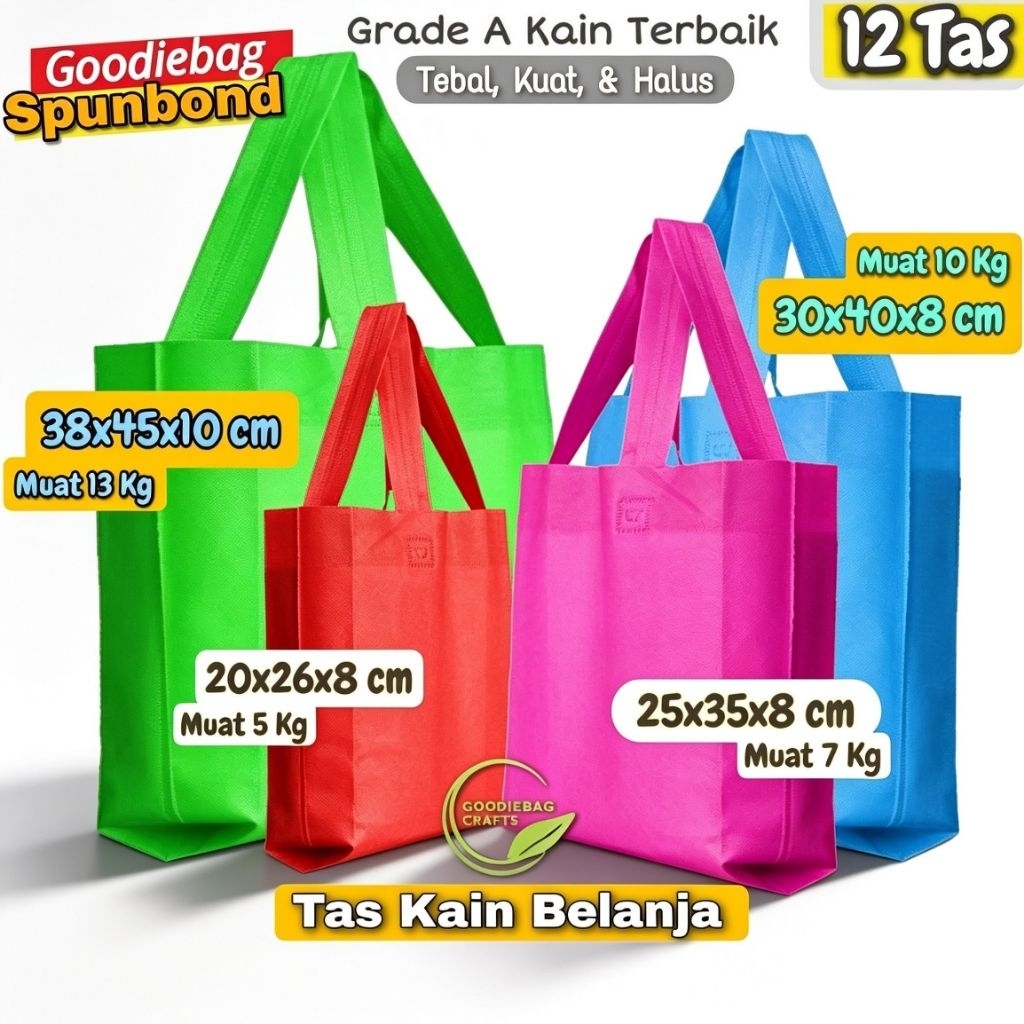 Lusinan isi 12 Tas Kain Spunbond Goodiebag Besar Sedang Uk 20x26 25x35 30x40 38x45 Kantong Belanja