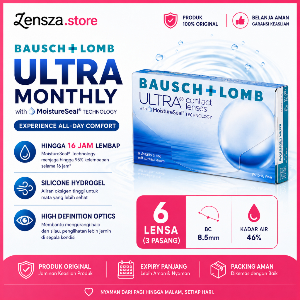 Lensza | Softlens Bulanan Bausch + Lomb Ultra Monthly Silicone Hydrogel | 6 Lensa (3 Pasang) Origina