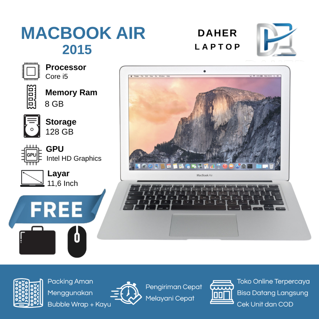 Laptop Macbook Air Core i5 8GB 128GB 11 Inch l Second Berkualitas Bergaransi l Original Bonus Tas da