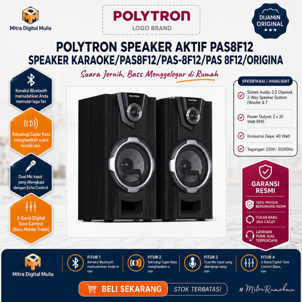 Polytron PAS8F12 Speaker Aktif Karaoke 8 Inch Single Woofer Super Bass 3-Band Digital Tone Control P