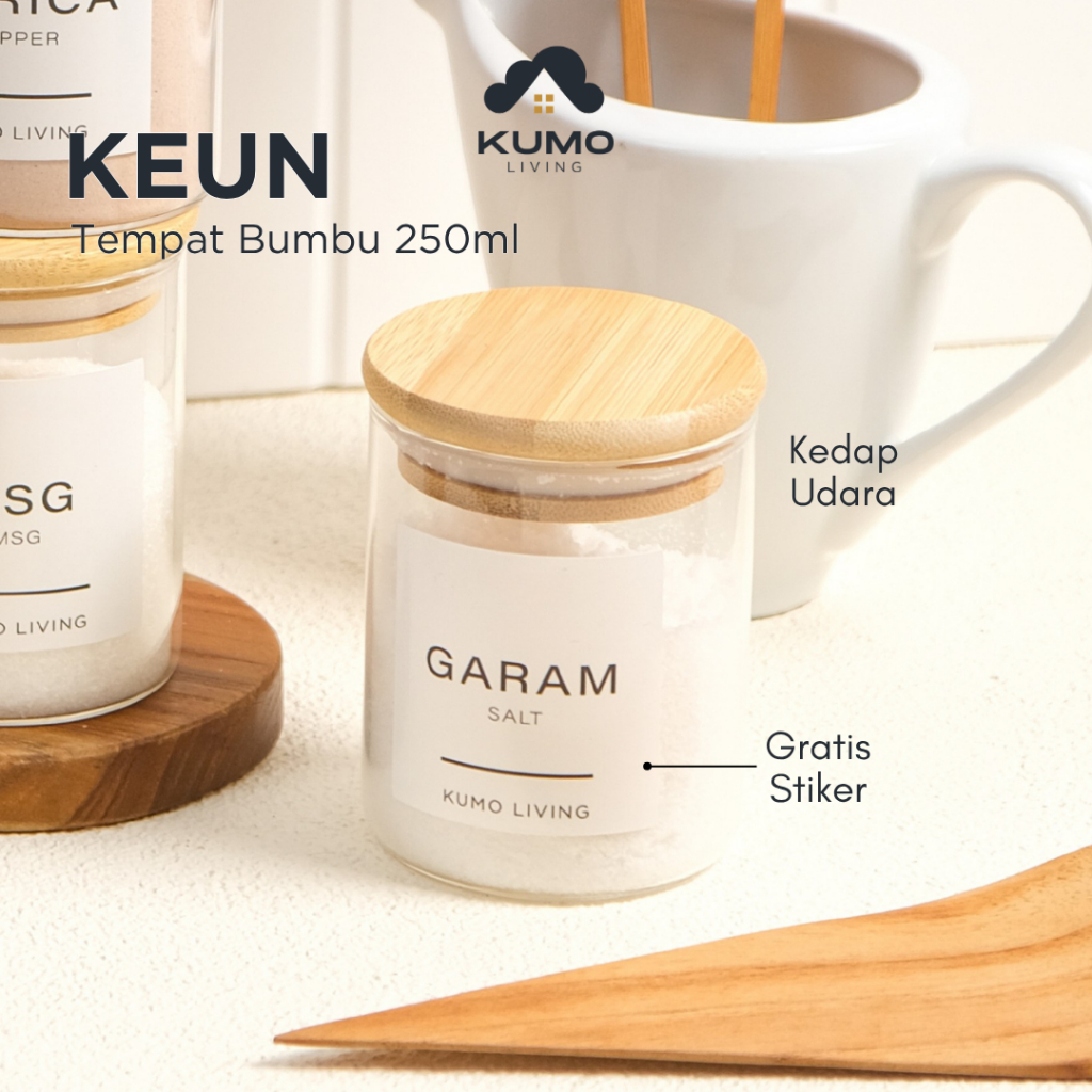 Kumo Living Keun Toples Tempat Wadah Penyimpanan Jar Bumbu Dapur Kaca Transparan Set Tutup Kayu Anti