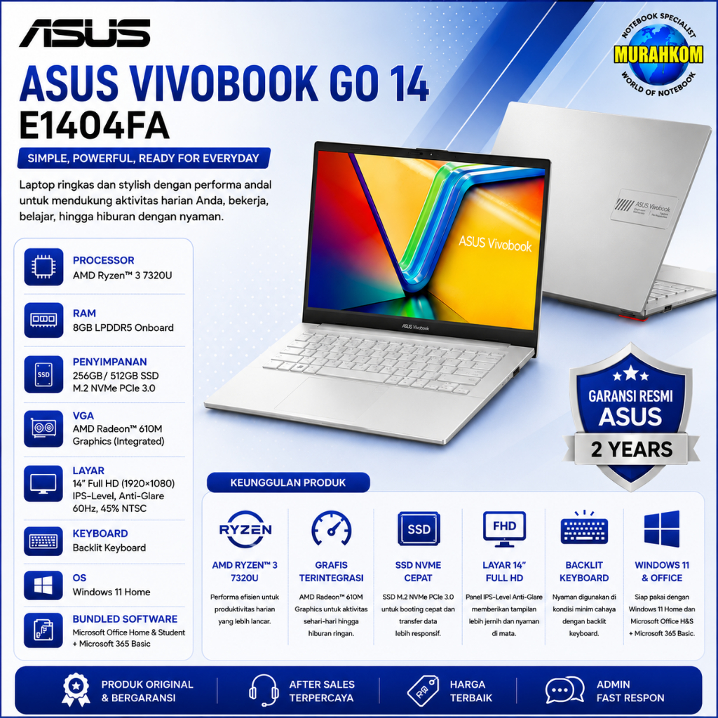 Laptop ASUS Vivobook Go 14 Ryzen 3 7320U 8GB RAM 512GB SSD FHD IPS Win11 Original