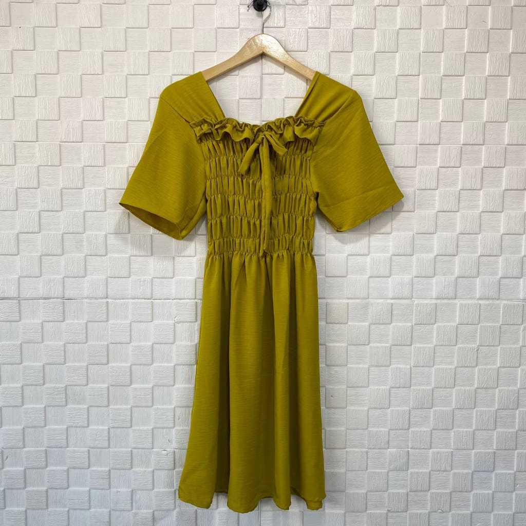 Dress Wanita Kerut Dada / Pakaian Wanita / Dress Casual Lengan Pendek Kerah Kotak / Shabhira16