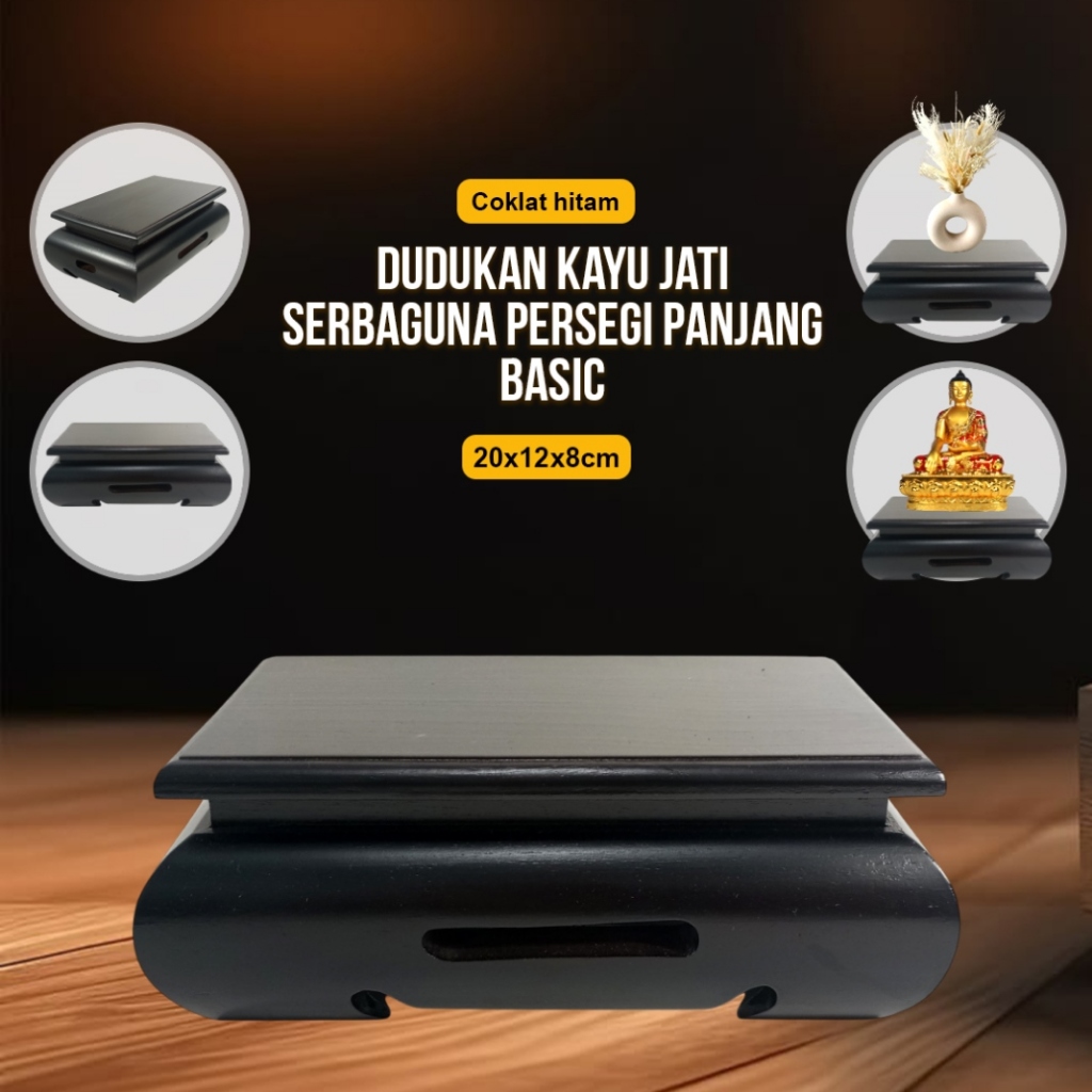 Tempat Alas Tatakan Dudukan Kayu Jati Serbaguna Persegi Panjang 20x12x8 Cm Model Basic Hitam