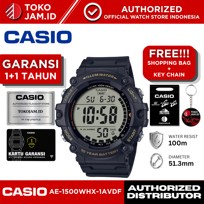 Casio AE-1500WHX-1AVDF Digital Black Sport LED Alarm Stopwatch Timer WR 100M Jam Tangan Pria
