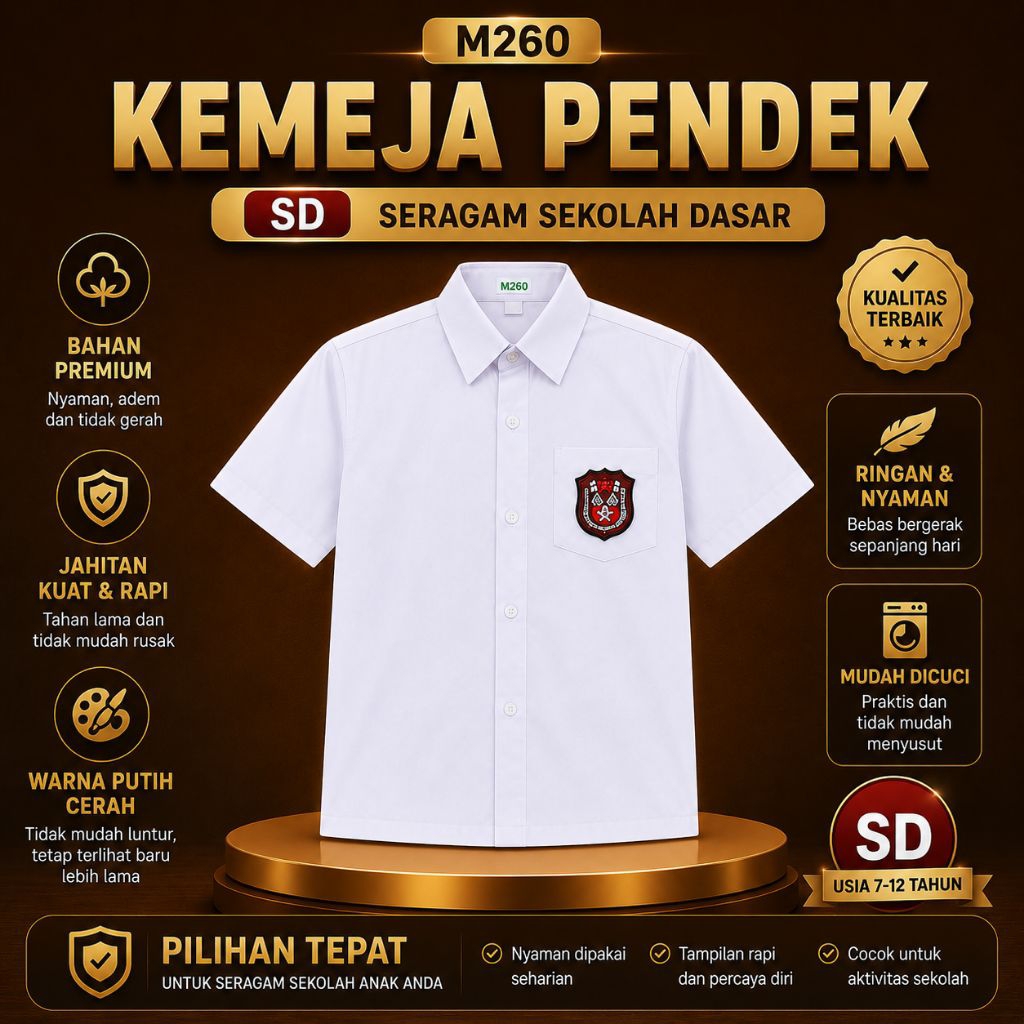 M260 || Seragam Sekolah Putih Lengan Pendek SD – Seragam Sekolah Anak Premium, Nyaman & Tidak Mudah 