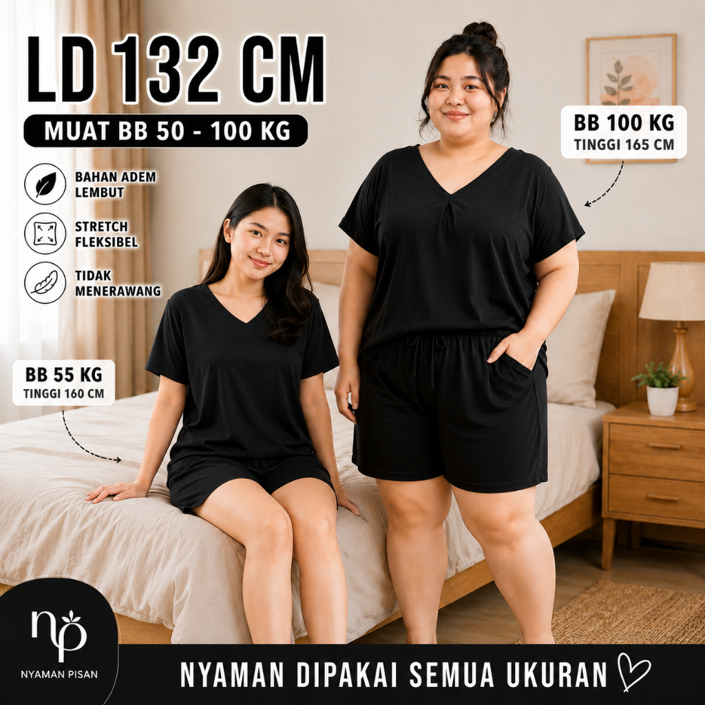 Nyamanpisan - Setelan Piyama Wanita Jumbo LD 132cm Muat Sampai 100kg Baju Tidur Dewasa Crinkle Airfl