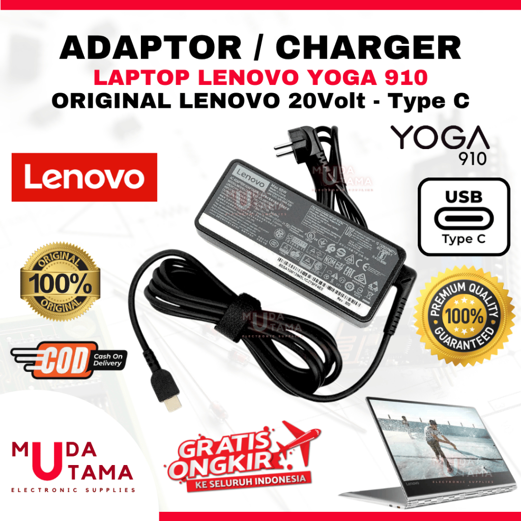 Adaptor Charger Laptop LENOVO Yoga 910 Type C Original - Adaptor Laptop LENOVO Yoga 910 - Adaptor La