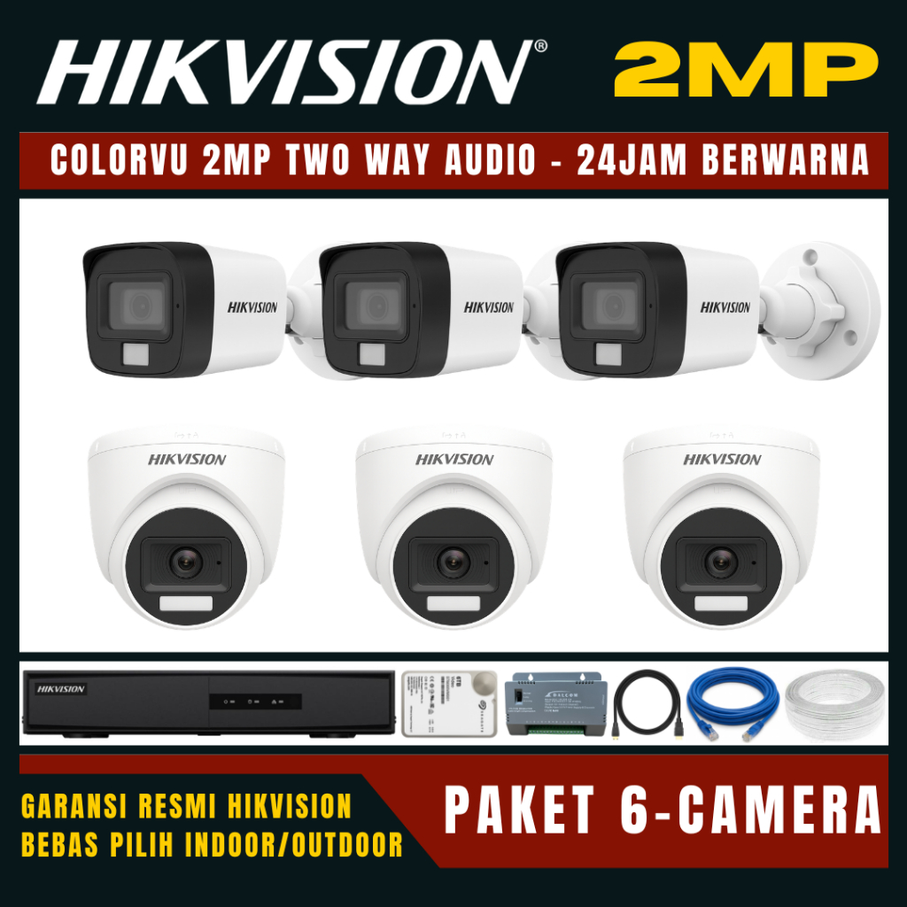 paket cctv hikvision colorvu 2mp two way audio 8 channel 6 kamera