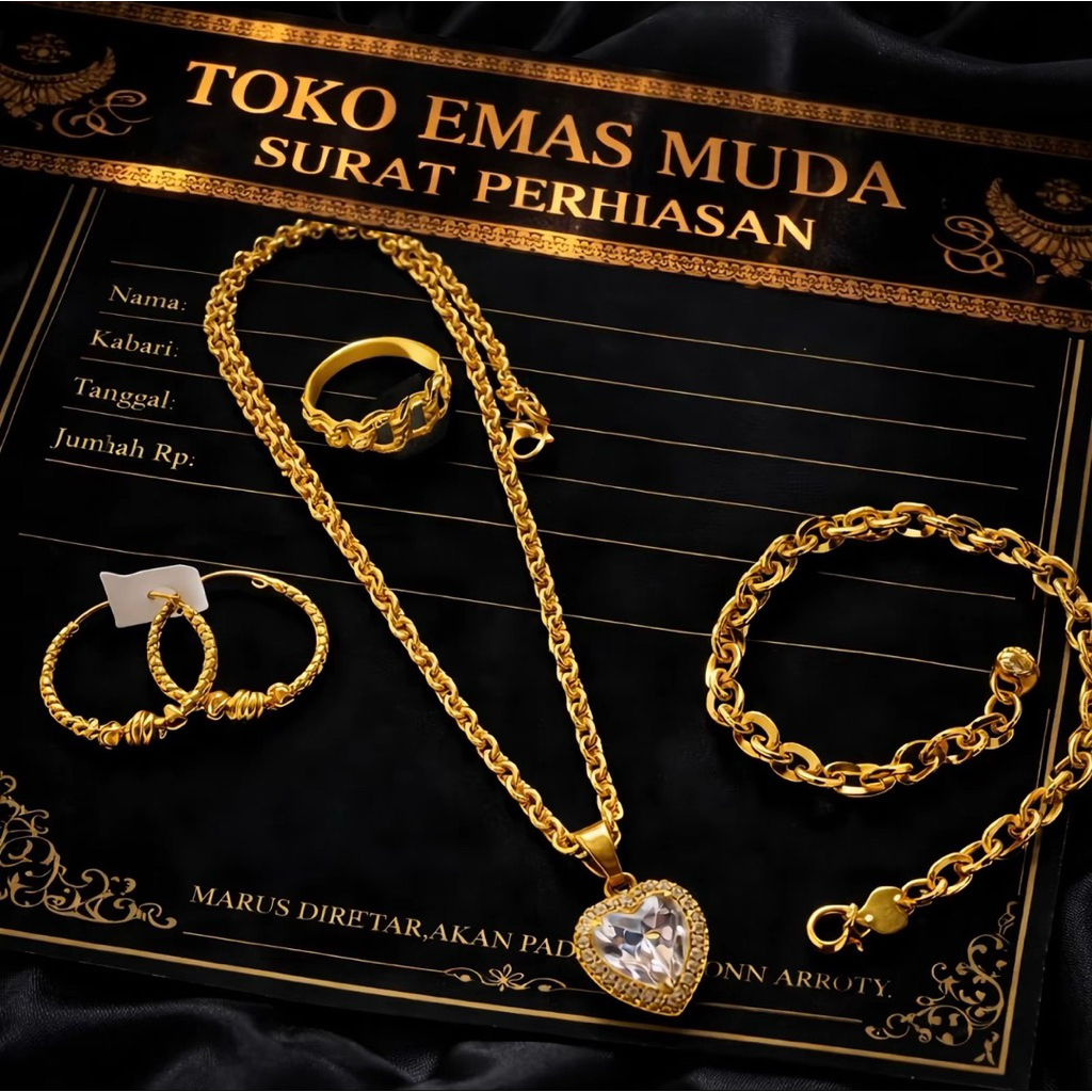 Set Perhiasan Wanita Premium Kalung Nuri Liontin Permata Love Berlapis Emas Muda Perhiasan Fashion