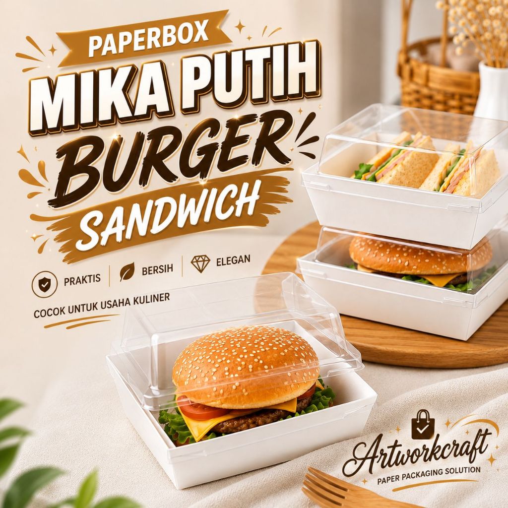 [PAPERBOX MIKA PUTIH BURGER SANDWICH] Dessert Box Burger Sandwich, Box Sandwich Roti, Kotak Box Brow