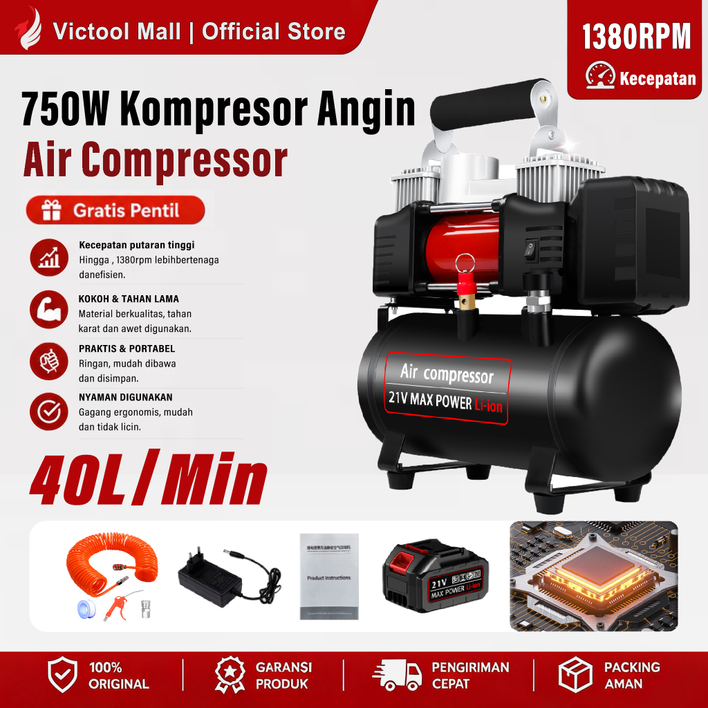 victool Kompresor Angin Listrik 40L Oilless Kompresor Mini Listrik 750W Mesin Pompa Angin Kompresor