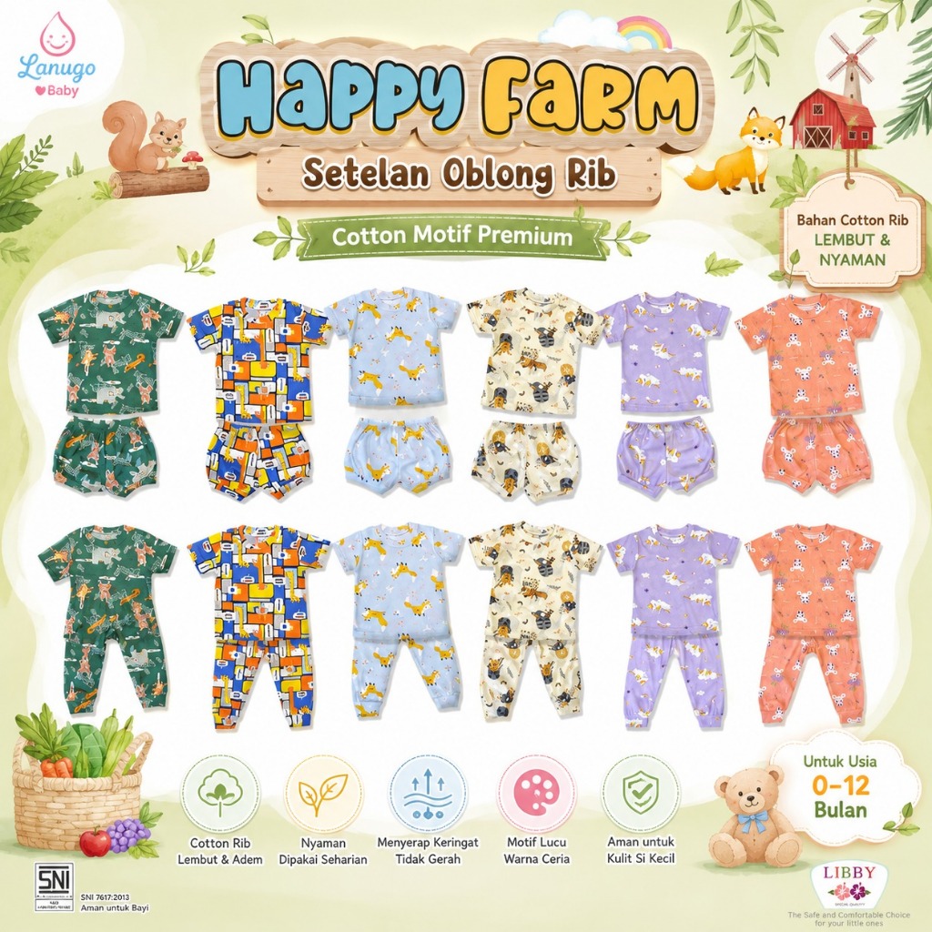 1 Pasang Libby Setelan Oblong Rib Cotton Motif / Oblong Pendek Celana Panjang  /  Oblong Pendek Cela