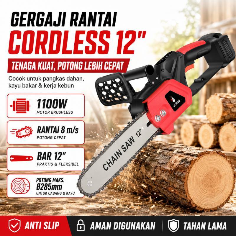 VICTool Chainsaw Cordless 12 Inch 21V Gergaji Mesin Listrik Brushless Portable Ringan Potong Kayu Ke