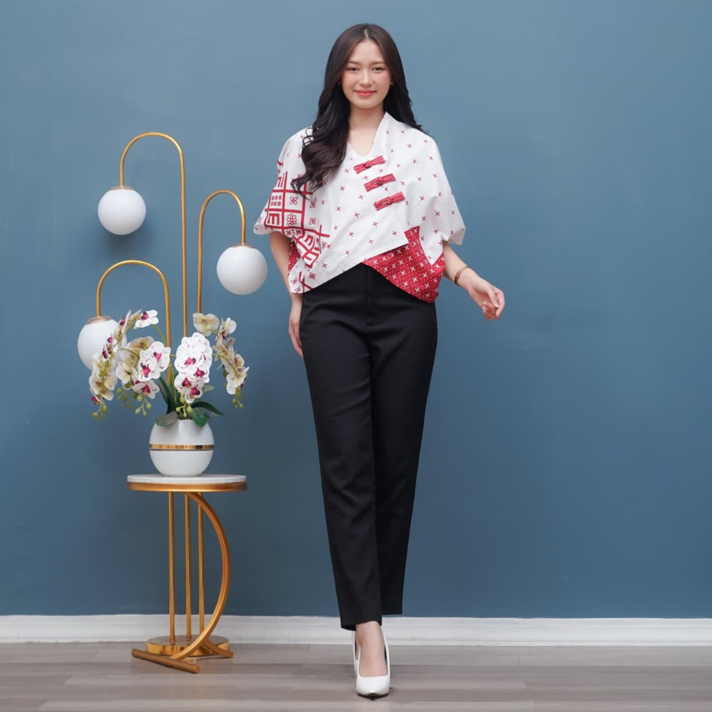 ELINA  CropTop Cheongsam Merah Putih  Atasan Wanita  FREYA BATIK