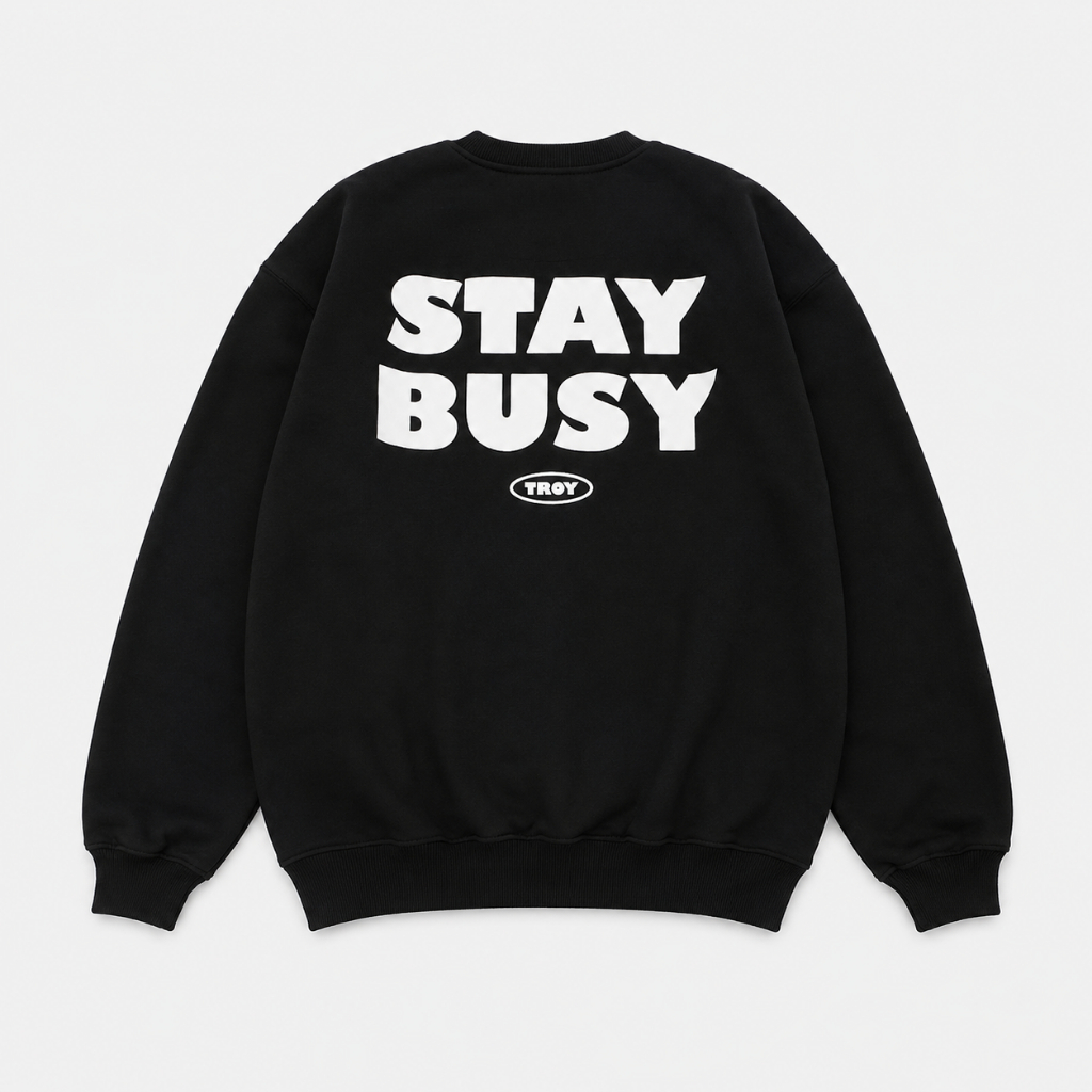 Troy Company Sweater Pria Hitam - STAY BUSY Sweater Sweatshirt Crewneck Black SWD 113