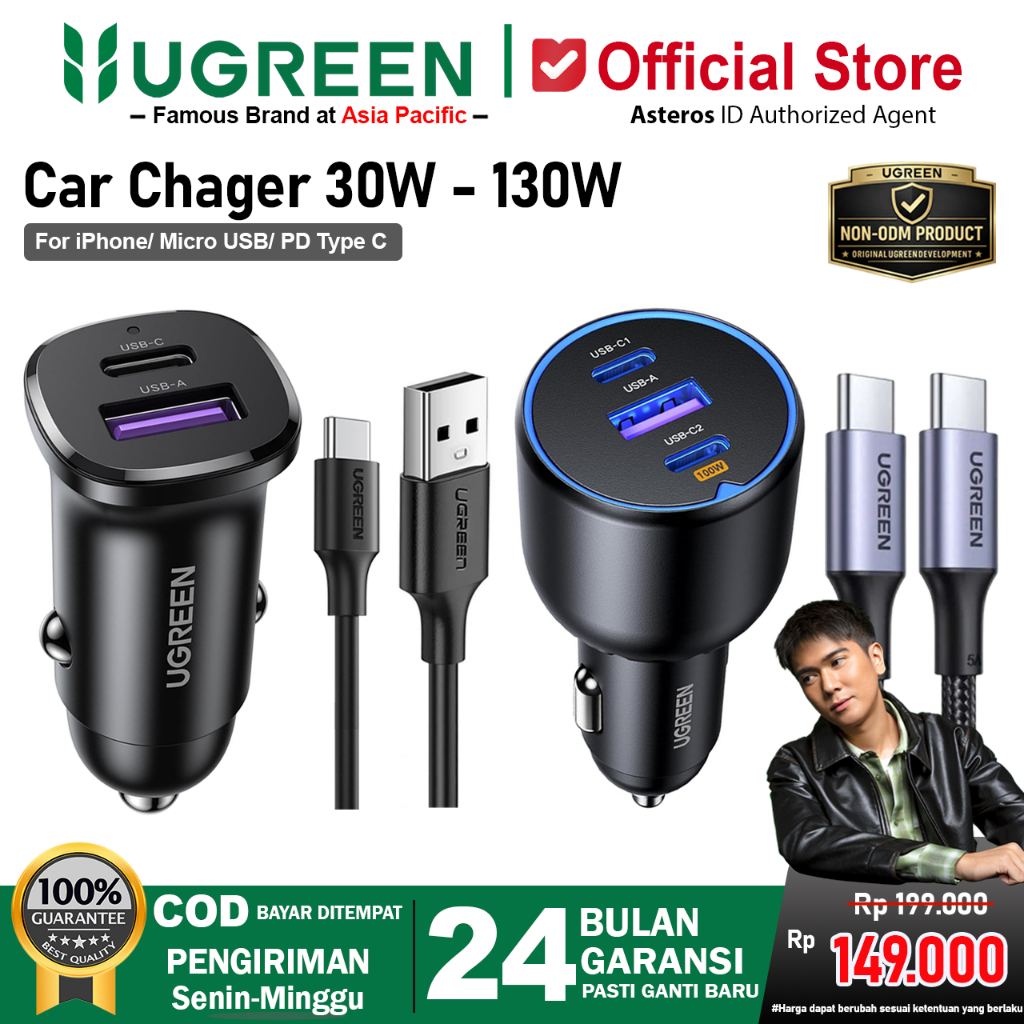 UGREEN Car Charger Mobil Fast Charging + Kabel iPhone Type C Micro USB 30W-130W