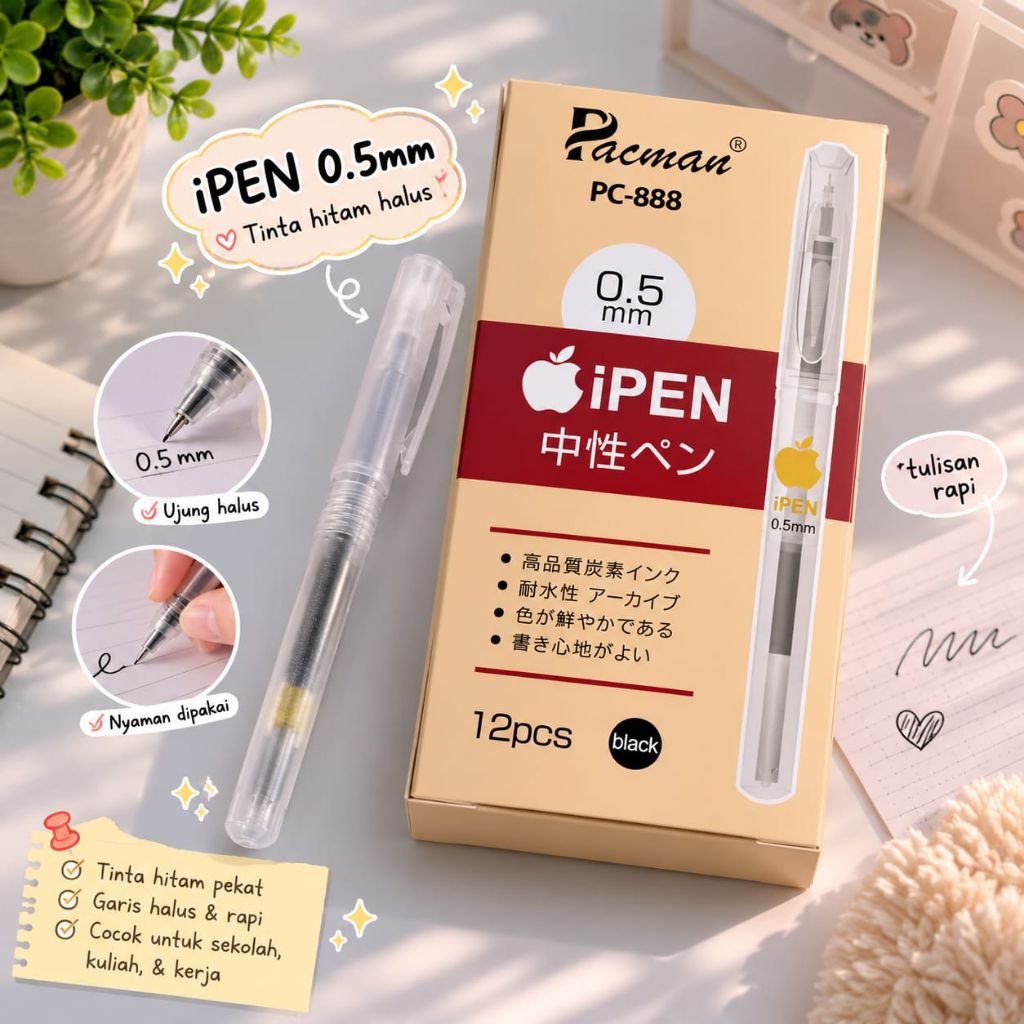 Pulpen Gel 0.5mm iPEN Hitam | Tinta Halus Lancar | Pulpen Estetik Sekolah Kantor