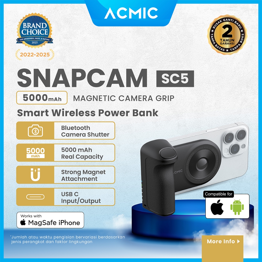 ACMIC SNAPCAM SC5 Magnetic Camera Grip + Powerbank Wireless with USB Type C + Bluetooth Camera Shutt