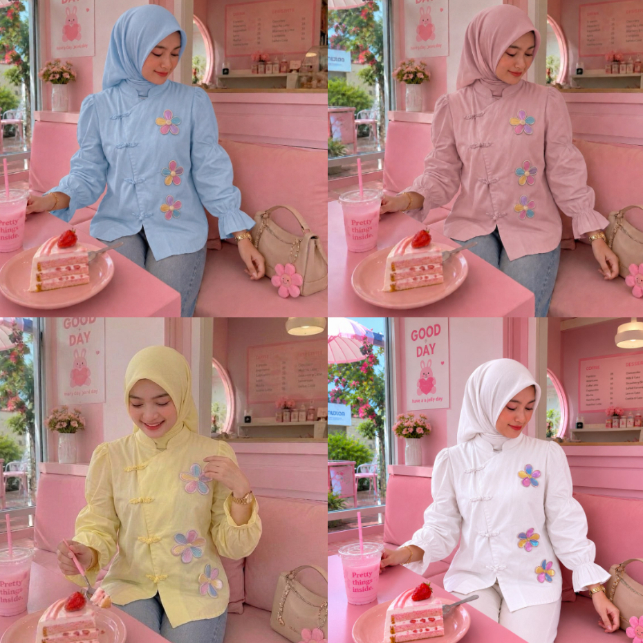 GenZ - LUCY Flower Kemeja Blouse Kancing Cheongsam Lengan Panjang Busui Friendly
