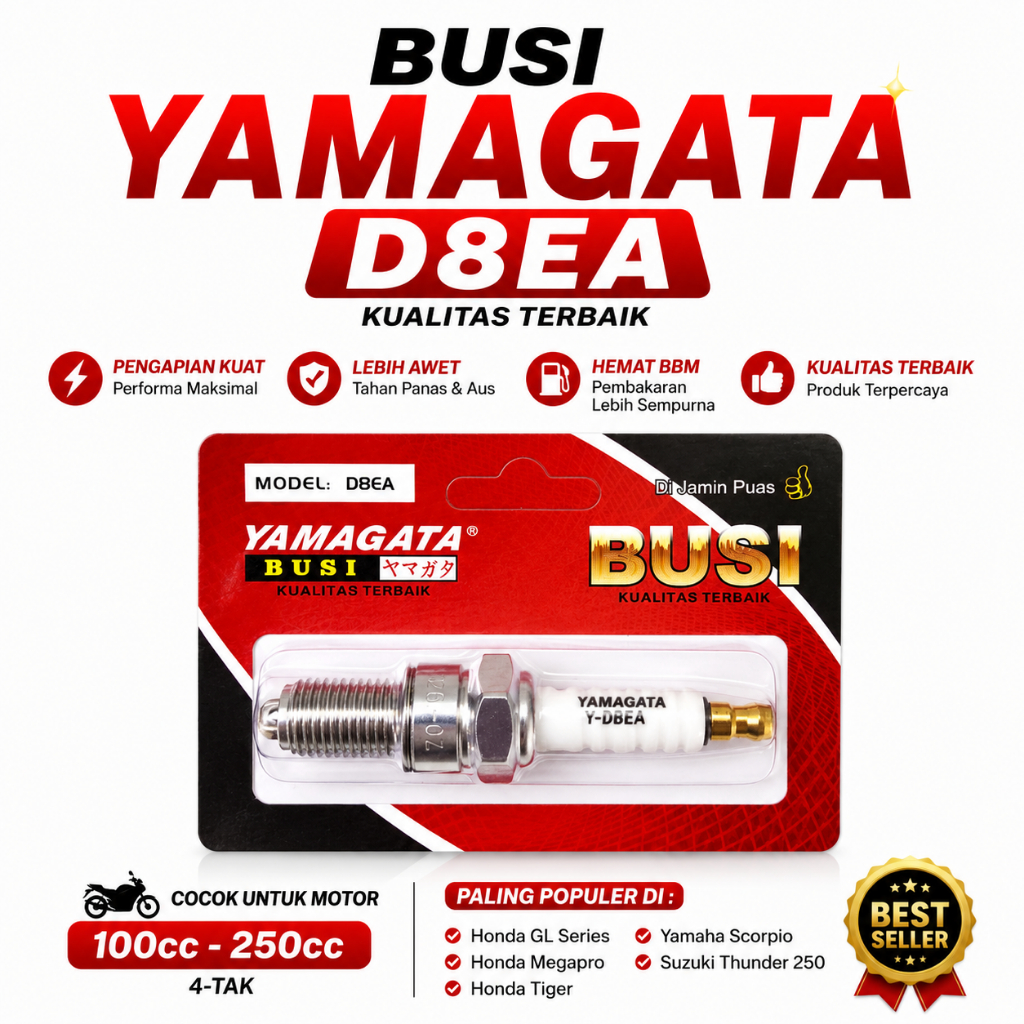 Busi Yamagata D8EA Motor 4 Tak 100cc-250cc Honda GL Megapro Tiger Yamaha Scorpio Suzuki Thunder 250 