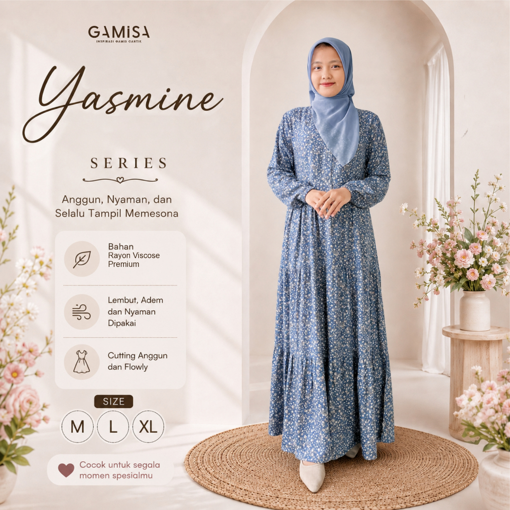 HOT DEALS PROMO TERBARU GAMIS DEWASA MOTIF YASMINE SERIES BY GAMISA.ID - BAHAN RAYON VISCOSE GAMIS