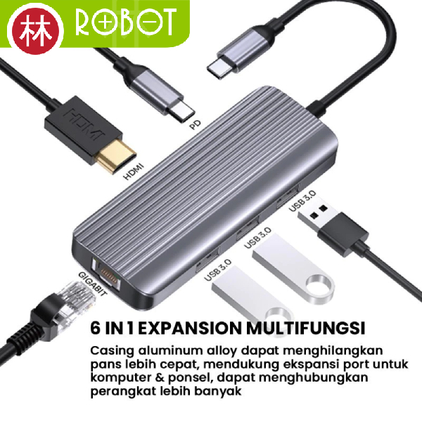 Robot HT560 USB-C Hub 6 in 1 Adapter with Ethernet LAN RJ45 1000 MB HDMI 4K PD 100W New HT255S HT255