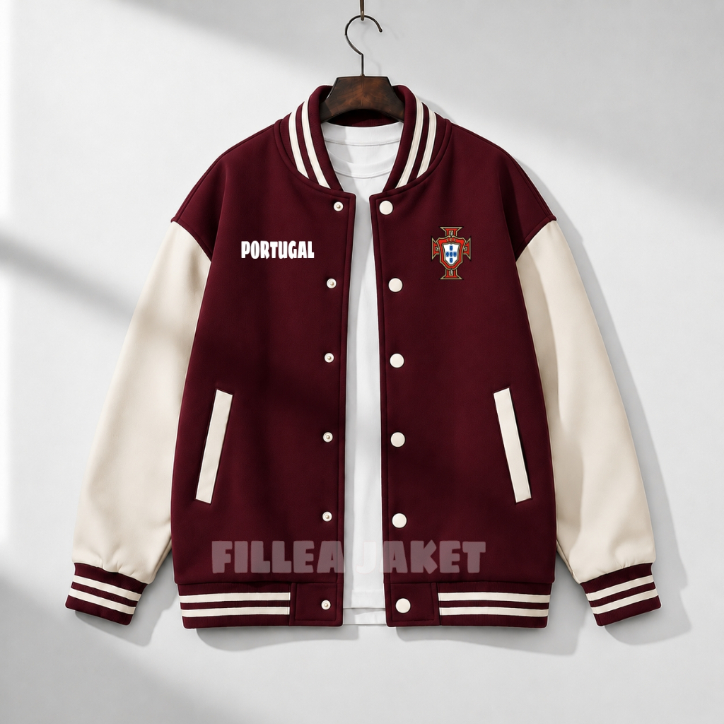 Jacket Baseball Varsity kancing dan Resleting Logo Timnas Portugal keren pria wanita terbaru