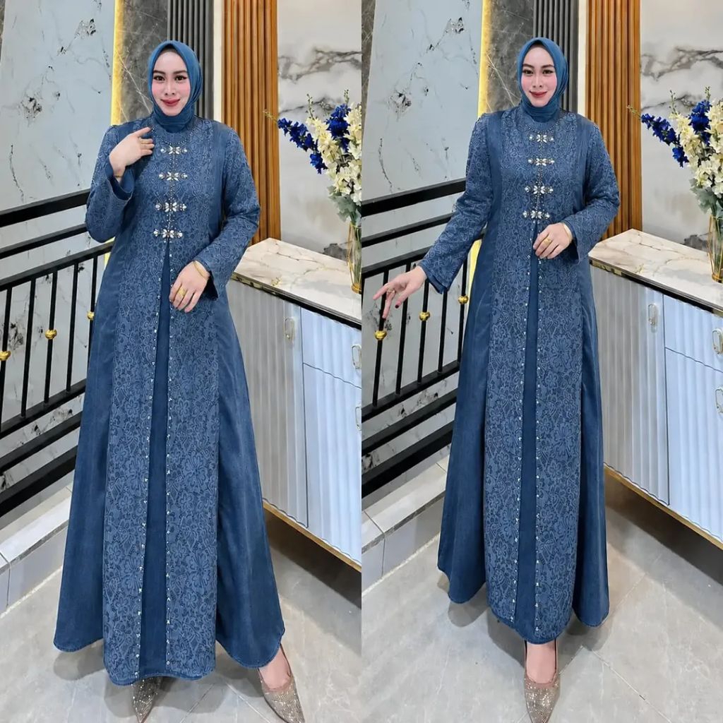 Dress Pesta Kondangan Azeera Dress Terbaru Berbahan Velvet Mix Brukat Chantily Plus Payet Mewah