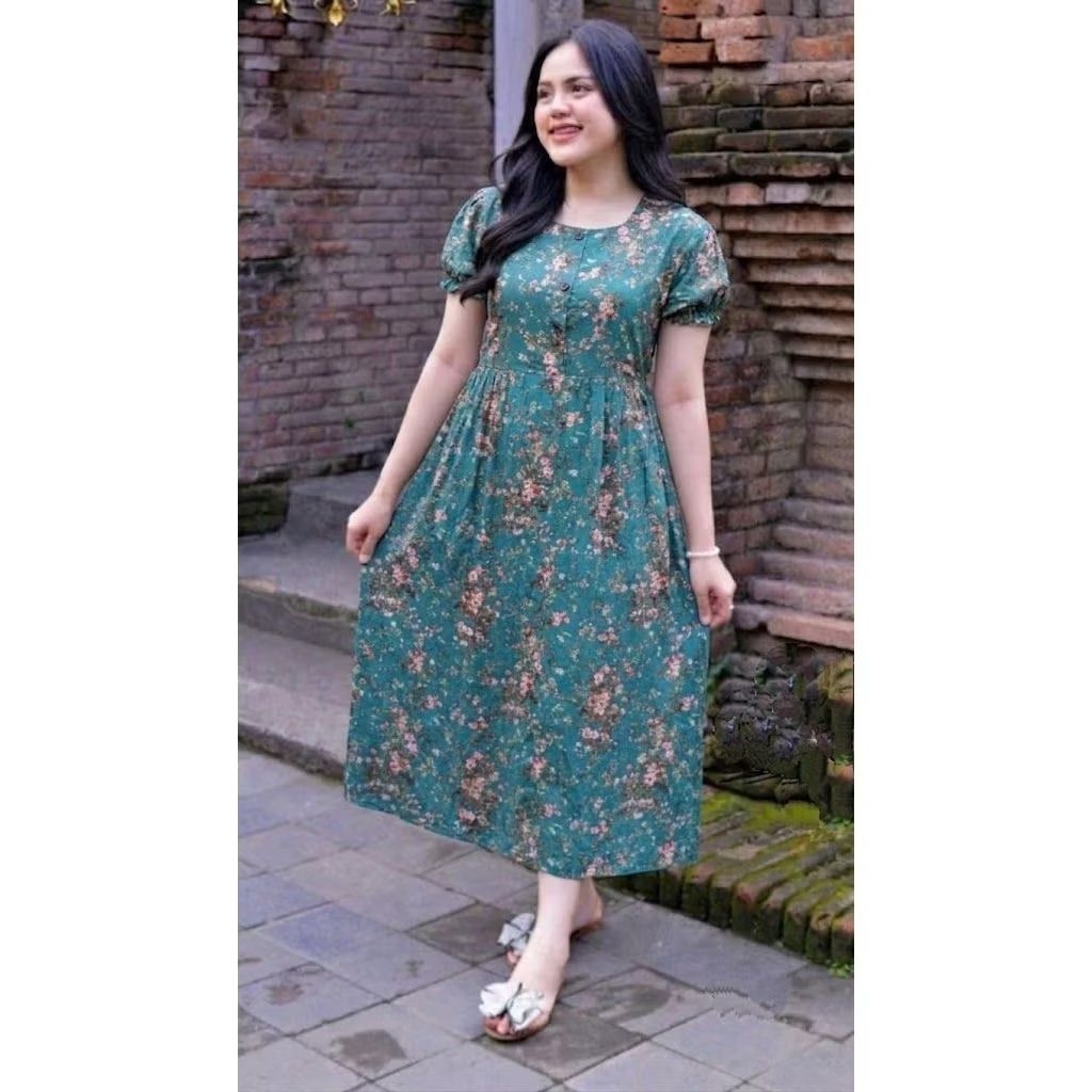 Dress Kasual Wanita Busui Kancing Depan Rayon Lembut | Baju Bumil & Ibu Hamil | Lengan Pendek | Rok 