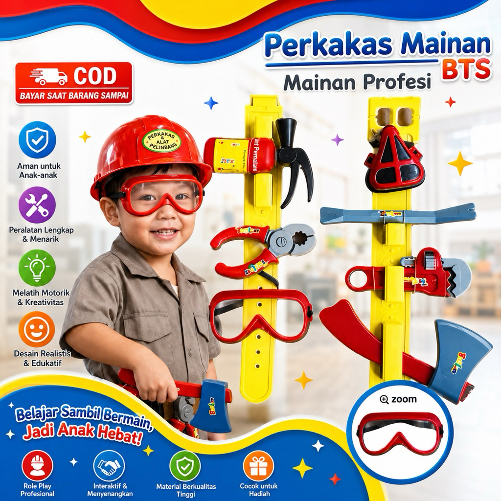 Perkakas Mainan Anak Set Profesi Pemadam Kebakaran Lengkap Helm Kacamata Kapak APAR Toolset Edukasi 