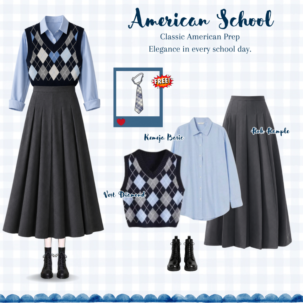 Ootd Yearbook American School [ Kemeja Basic + Vest Diamond + Rok Rample + Dasi ] Outfit Yearbook Am
