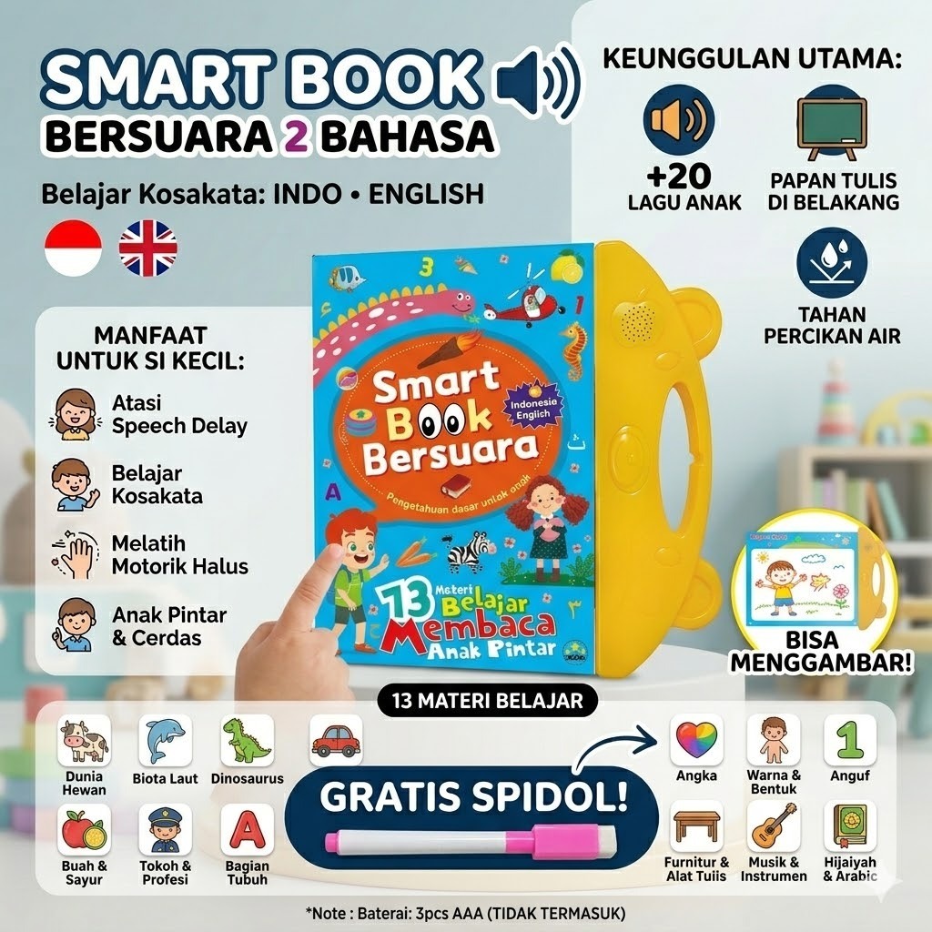 Smart Book Bersuara Indonesia English / Lengkap dengan 13 Materi Belajar + 20 Lagu Anak / mainan buk