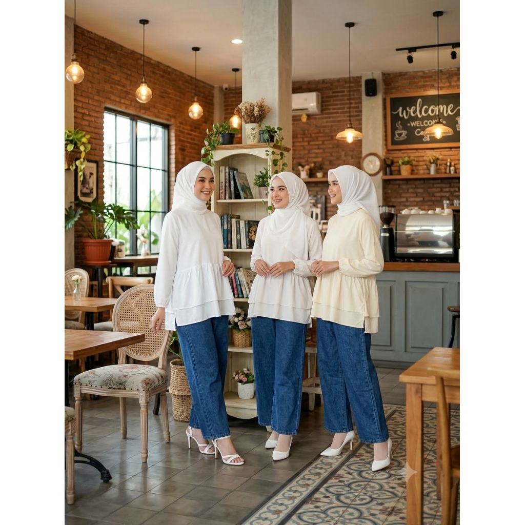 Setelan Wanita Dewasa Fahira Atasan Peplum Bahan Rayon Twill + Celana Kulot Jeans Wash