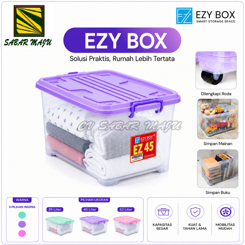 Ezy Box Container Roda Plastik, Kotak Penyimpanan 35 Liter, 52 Liter