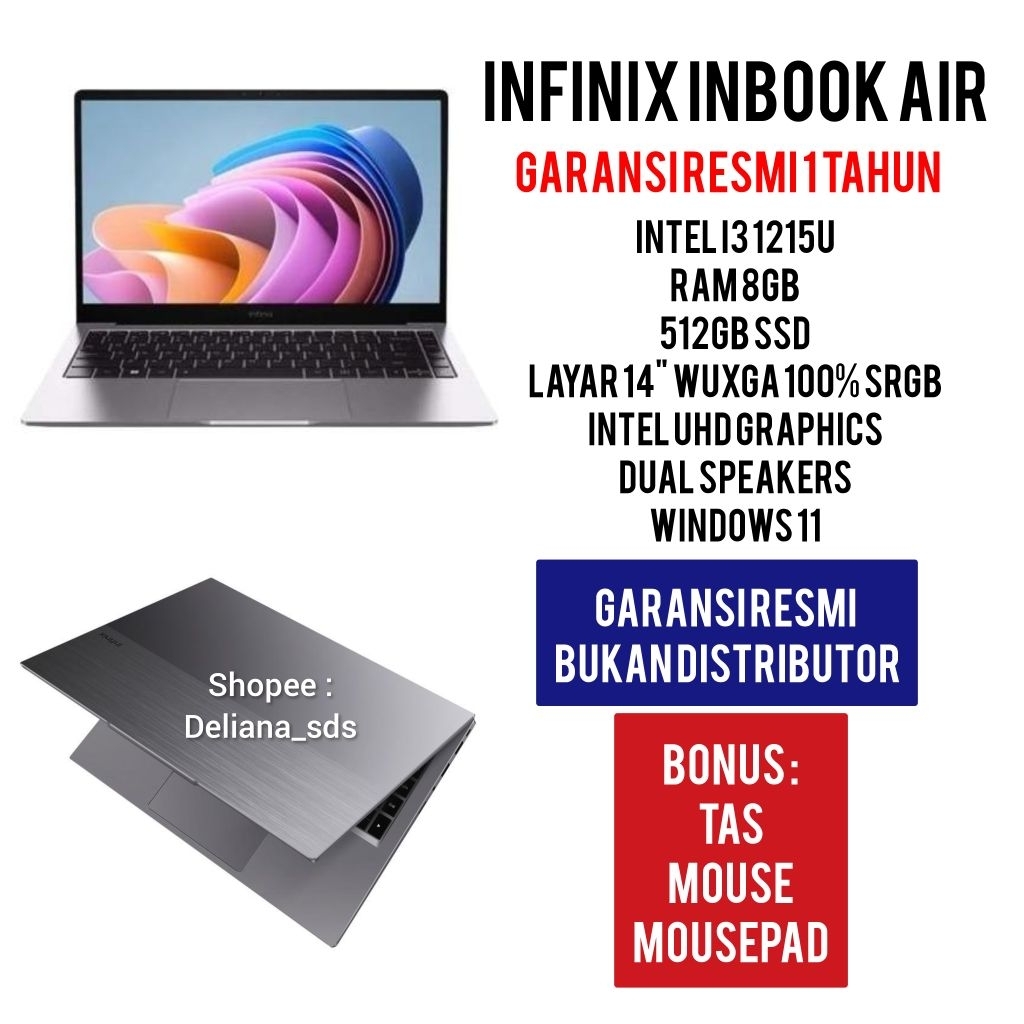 Laptop Infinix Inbook Air Intel i3 1215U 8/512 14" WUXGA IPS 100% SRGB Garansi Resmi 1 Tahun Laptop 