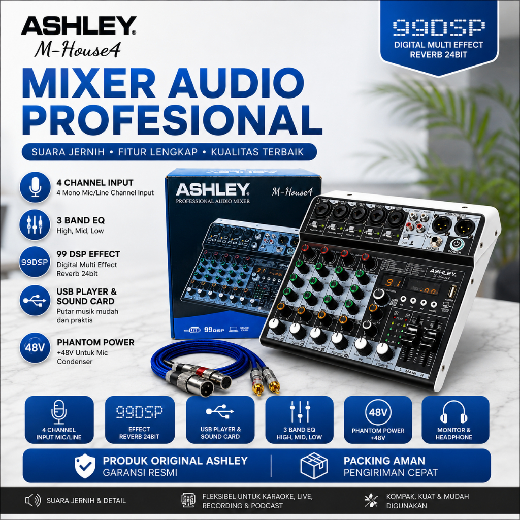 Ashley M-House4 Mixer Audio Professional 4 Channel USB Sound Card 99DSP Reverb 24bit + Kabel RCA to 