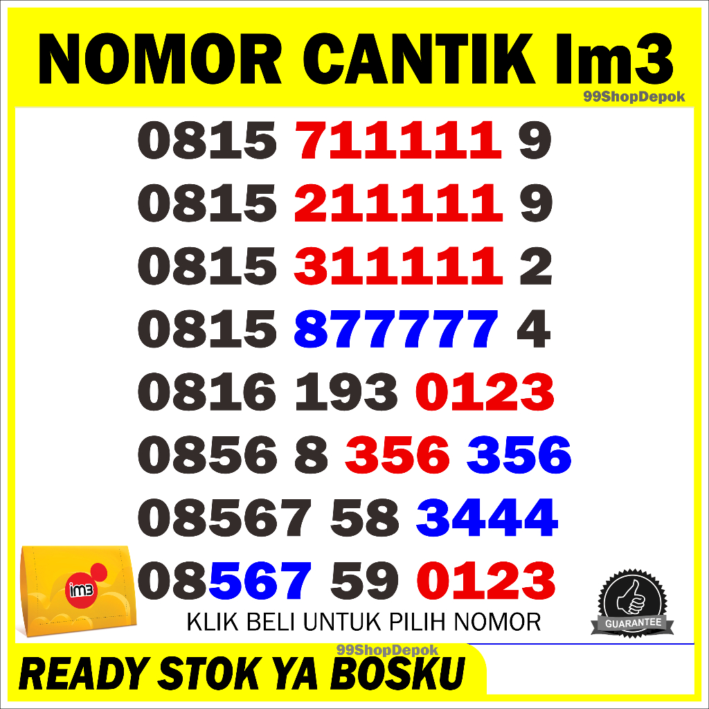 Nomor Cantik iM3 11 digit 77777 Kartu Perdana Nomer Cantik Indosat 4g 5g 11111 0123 356 356 3444