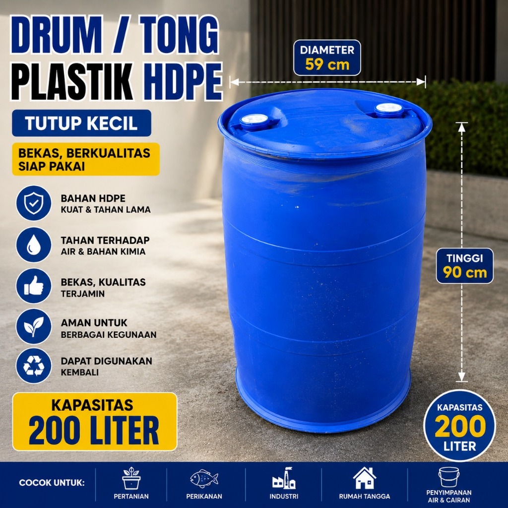 Drum Plastik HDPE 200 Liter Tutup Kecil Bekas Berkualitas | Tong Biru Tebal Siap Pakai
